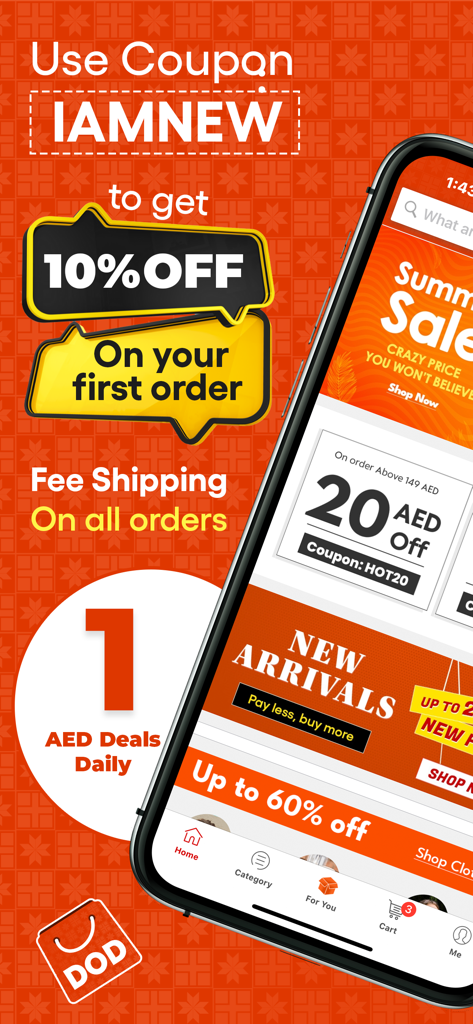 Promoções do aplicativo DODuae mostrando um cupom de 10 por cento de desconto para primeiros pedidos e frete grátis em todos os pedidos