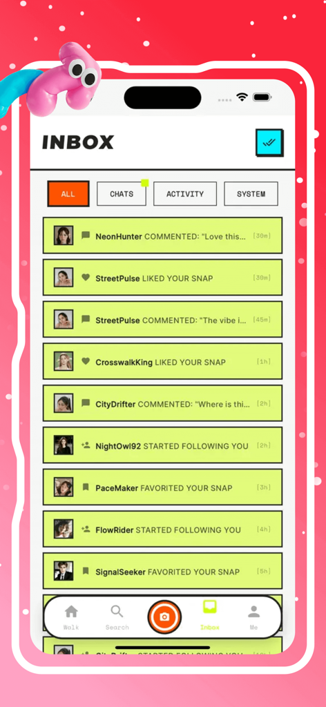 Covol - Covol app inbox screen featuring a high contrast neon green interface with social notifications