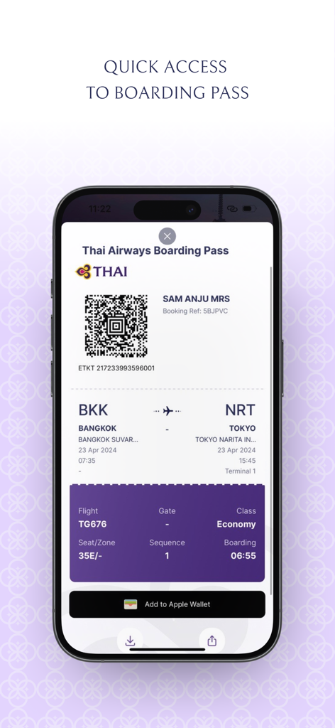 A digital boarding pass on the Thai Airways mobile app showing flight details and a QR code for check-in.