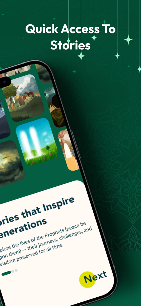 Prophet's Stories (PBUT) - Captura de pantalla de una aplicación móvil que muestra una galería de historias islámicas ilustradas con el texto Acceso Rápido a Historias