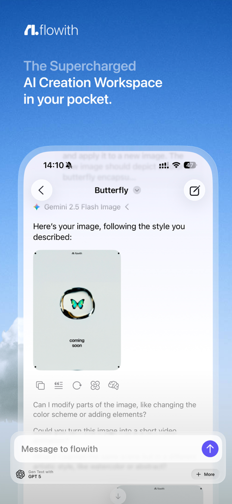Écran de l'application mobile Flowith montrant une image générée par IA d'un papillon dans un espace de travail de création basé sur le chat.