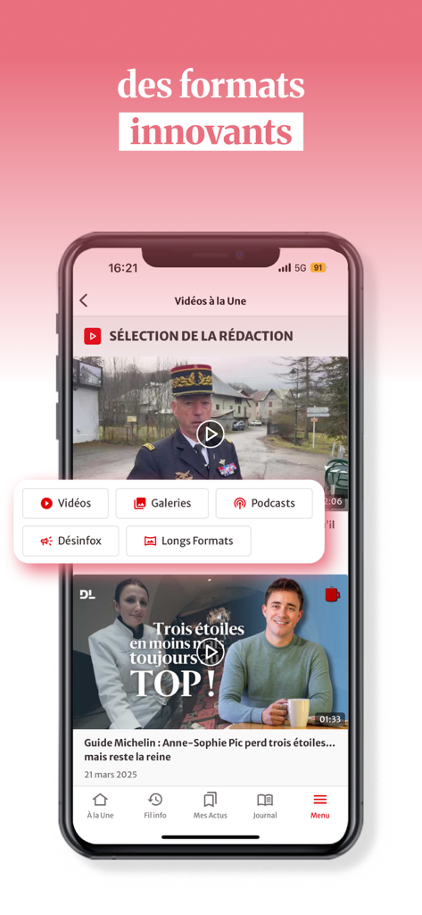 Le Dauphiné Libéré, actualités - Le Dauphiné Libéré app screen showing multimedia news formats including videos and podcasts.