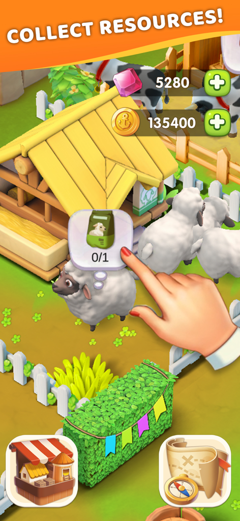 アイランドファームアドベンチャーのゲームプレイで、羊の飼育とリソース収集の仕組みを示している様子