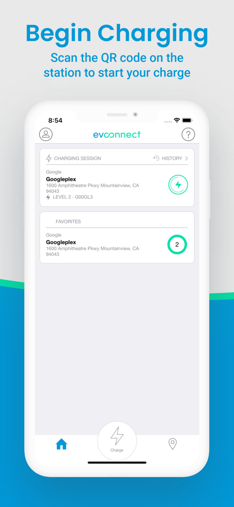 EV Connect mobile app Begin Charging screen showing active session details and favorite charging locations
