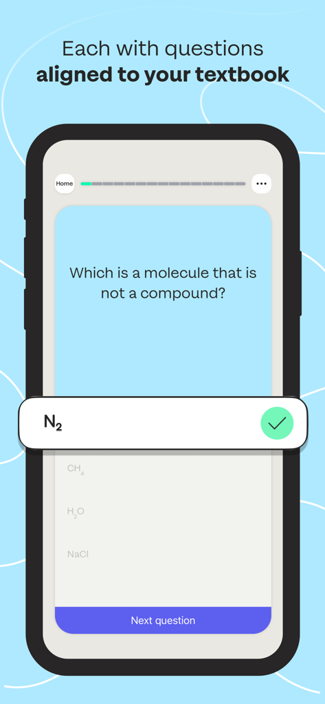 Mobile phone screen showing a chemistry quiz question on the Sharpen app with the correct answer selected.
