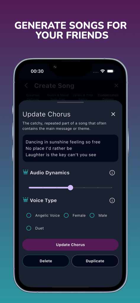 MusicTune AI app interface showing how to update a song chorus with lyrics and voice type selection.