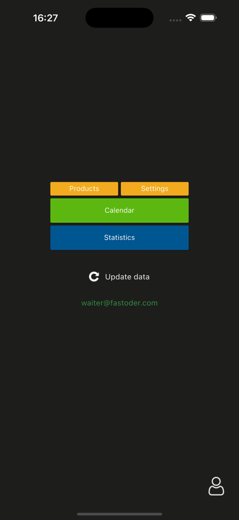 Tela inicial do aplicativo Agenda visual para aluguel de imóveis mostrando botões de navegação para produtos, configurações, calendário e estatísticas.
