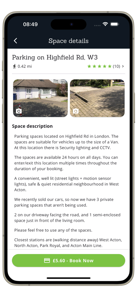 Horizon Spaces - Horizon Spaces app screen showing details for a private parking space on Highfield Road with a booking button