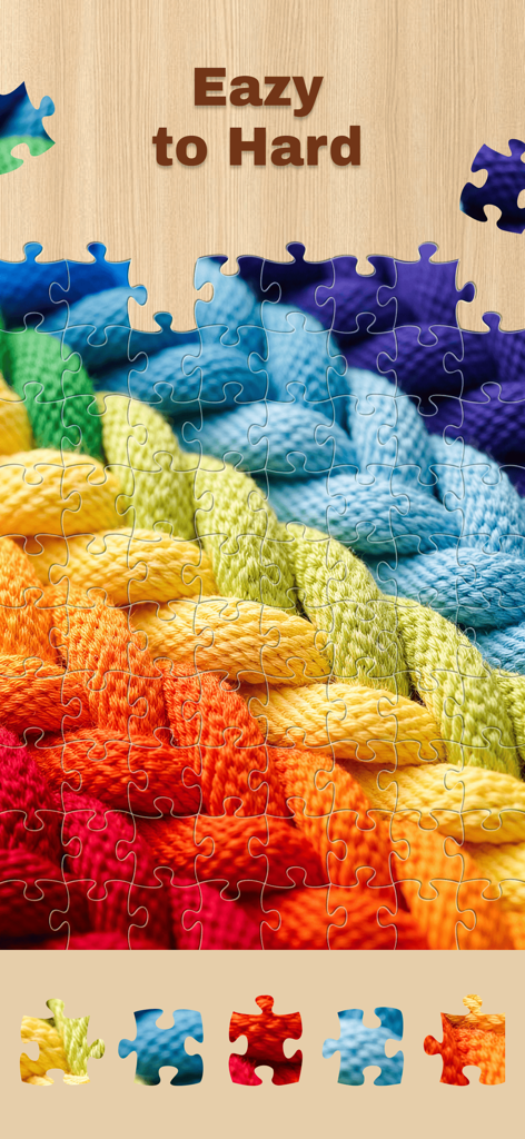 Jigsaw Puzzle: Magic Game - Puzzle de rompecabezas de cuerda de arcoíris colorida con texto que indica niveles de dificultad de fácil a difícil