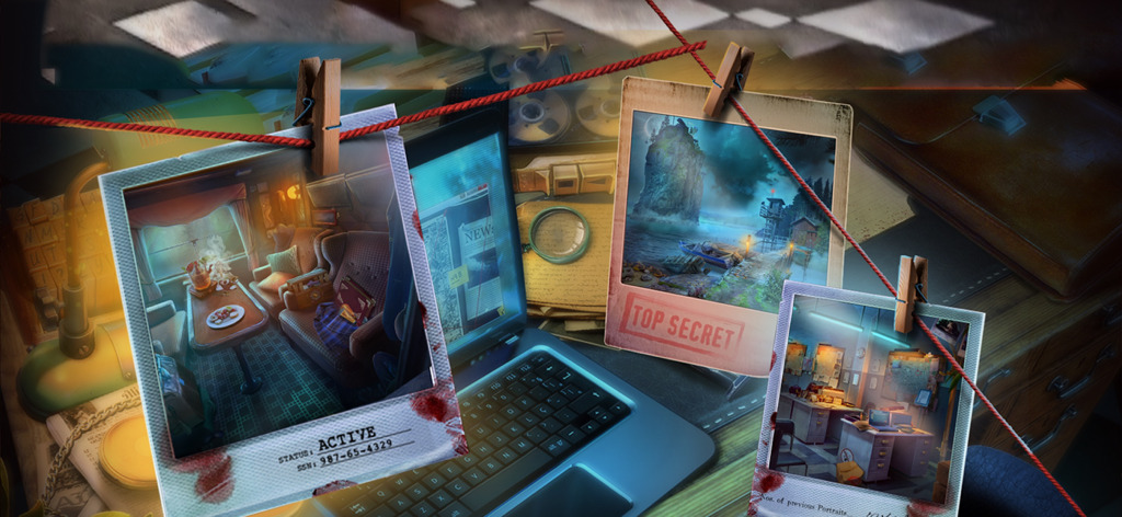 Unsolved Case: Script - A detective investigation desk featuring photos of crime scenes hanging on a string alongside a laptop and evidence files