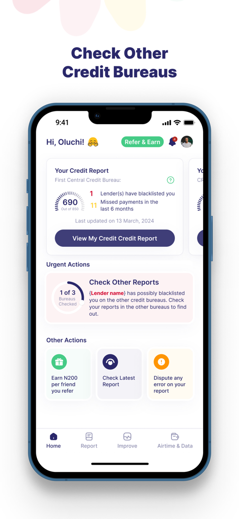 Pebblescore - PebbleScore app interface showing a credit report summary and an option to check multiple credit bureaus.