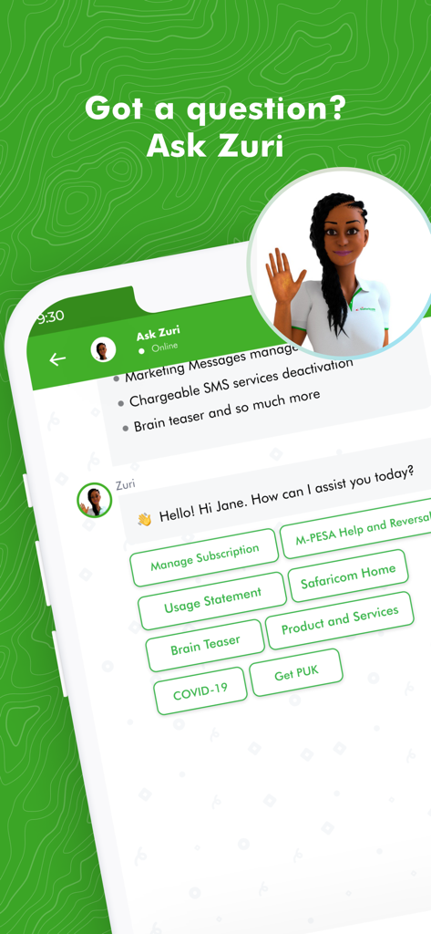 MySafaricom App - MySafaricom App Zuri digital assistant chat interface with customer service options