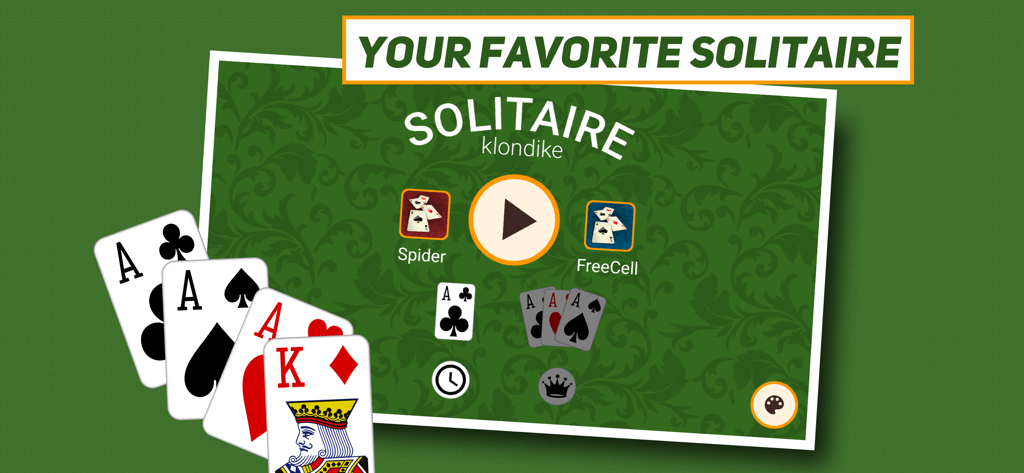 Solitaire: Classic & Klondike - Main menu of Solitaire Classic and Klondike game featuring Spider and FreeCell modes on a green patterned background