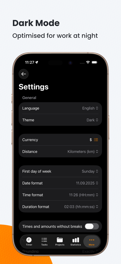 Timesheet IO app settings menu displayed in dark mode on an iPhone
