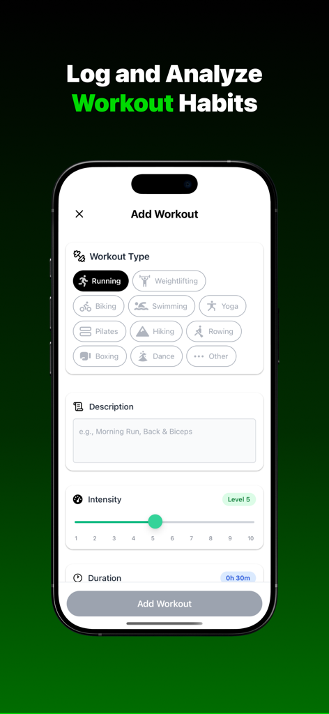 Tenacity AI: Lifestyle Tracker - Tenacity AI app interface for logging workout habits including activity type intensity and duration