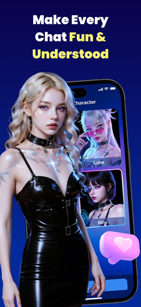 Real-time Voice Translator app interface showing AI character avatars for an interactive and fun chatting experience.
