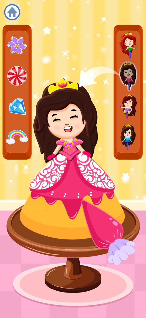 Donut Maker Games for Kids 4-5 - A digital game screen showing a child decorating a princess-shaped cake with various toppings and doll characters