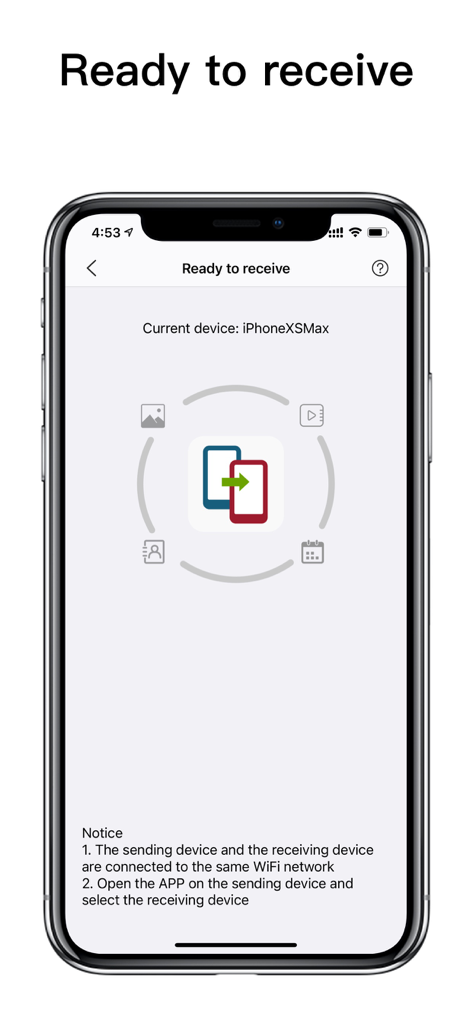 Copy data - device switch - Interfaz de aplicación móvil en un iPhone que muestra el estado de listo para recibir para la transferencia de datos inalámbrica