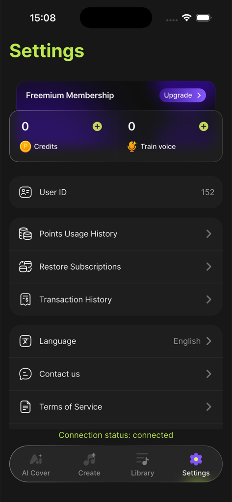 Danno AI Cover & Music Maker - Das Einstellungsmenü der Danno AI Cover- und Musik-Maker-App mit Benutzerguthaben und Kontoeinstellungen