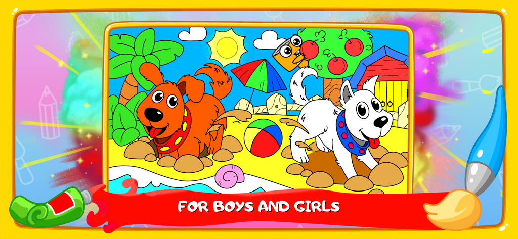 Colors for live coloring book - Página de libro de colorear digital de perros en la playa para niños y niñas