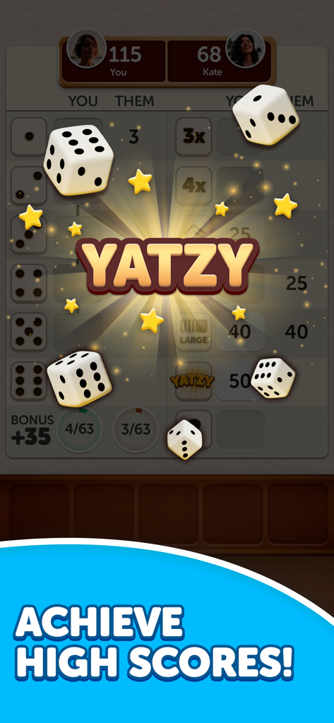 Dice Yatzy - Classic Fun Game - Una captura de pantalla del juego Dice Yatzy mostrando un logro de alta puntuación con dados blancos y estrellas doradas.