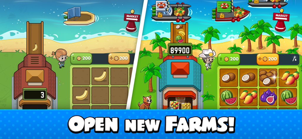 Idle Farm Tycoon - Merge Game - Side by side comparison of a basic farm and a tropical island farm showing the merge grid gameplay in Idle Farm Tycoon.