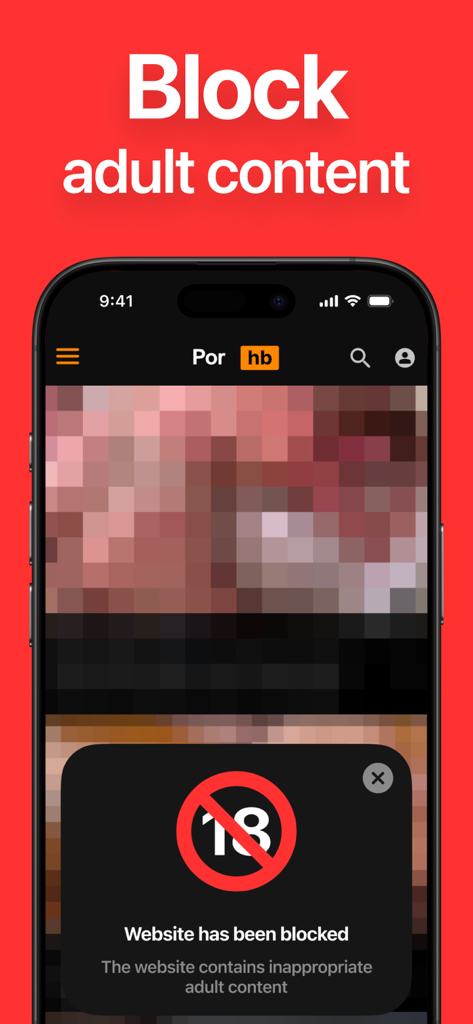 PornBlocker App - Smartphone screen showing the PornBlocker app blocking access to an adult website with a warning notification.