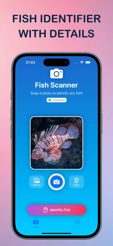 Marine Biology - Identify Fish - The Marine Biology app scanning a picture of a lionfish for identification on an iPhone
