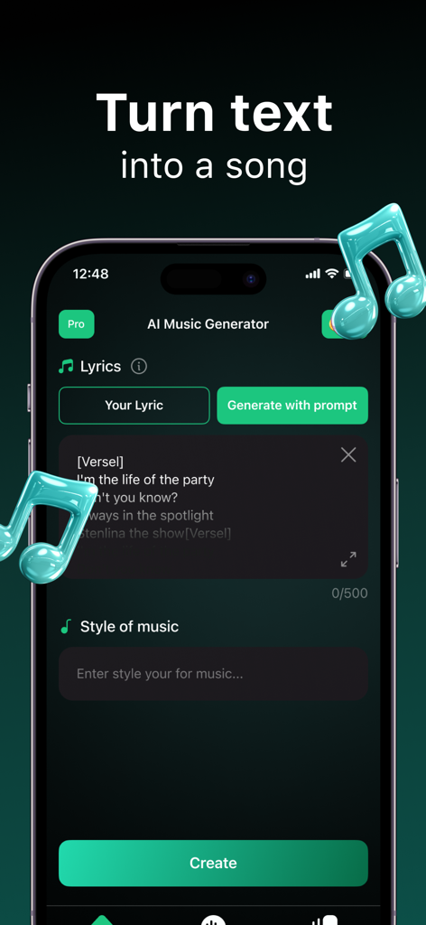 Amper Music: AI Song Generator - Interfaccia utente dell'app Amper Music che mostra la generazione di testo in canzone con opzioni di input per testo e stile musicale.