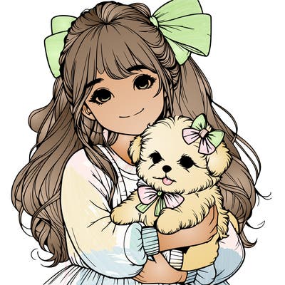 realistic girl holding a puppy and the puppy is super fluffy and has a bow on it