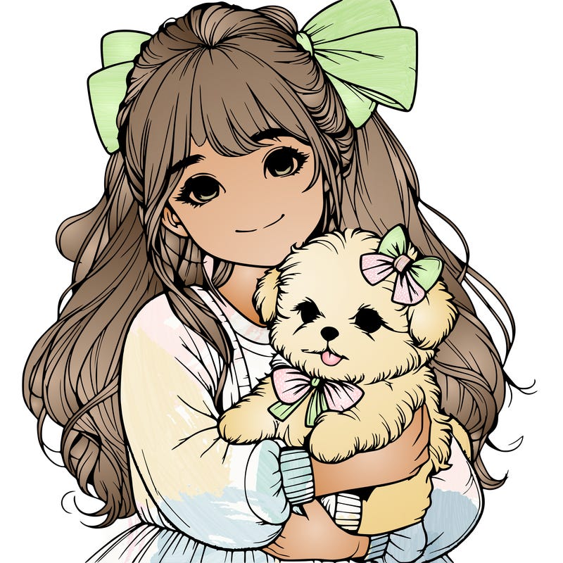 realistic girl holding a puppy and the puppy is super fluffy and has a bow on it