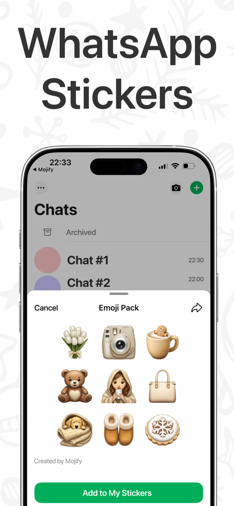 Aesthetic AI emoji pack interface in Mojify app for WhatsApp stickers.