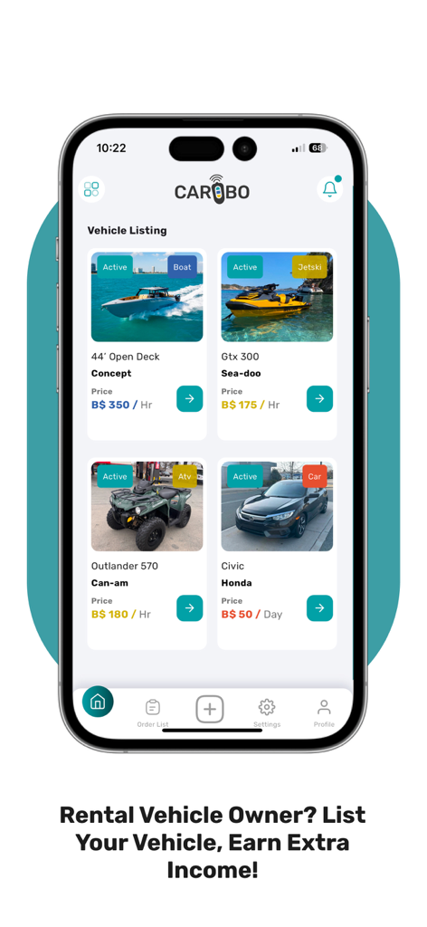 Caribo Bahamas 앱 화면 (보트, 제트스키, ATV 및 자동차 렌탈 목록 표시, 소유주 수입 창출 안내 포함)