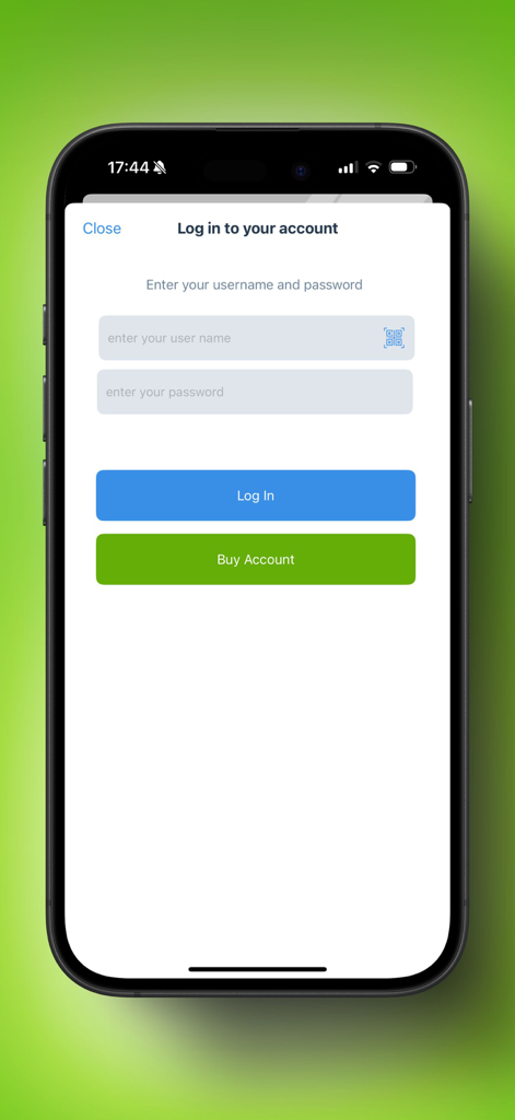 VPN - SWR - Ein mobiler Login-Bildschirm für SWR VPN mit Eingabefeldern für Benutzername und Passwort sowie Schaltflächen zum Anmelden oder zum Kauf eines Kontos.