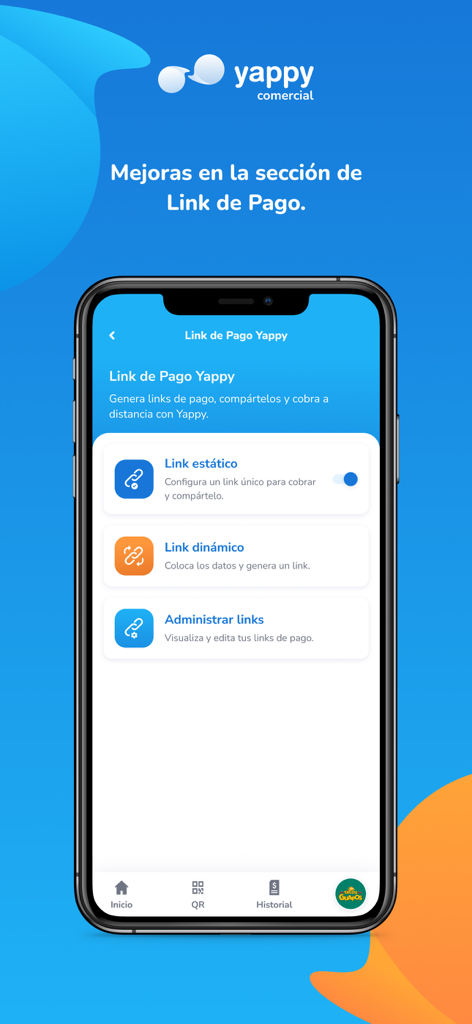 Yappy Comercial - Yappy Comercial mobile app interface showing options for generating static and dynamic payment links