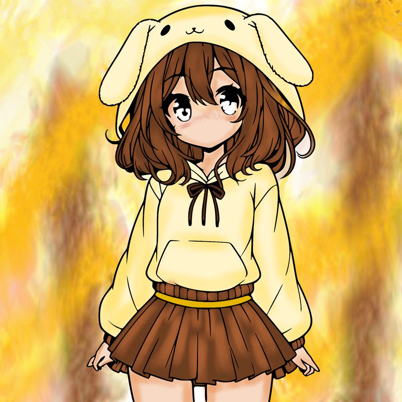 pretty anime girl wearing a fluffy hoodie with bunny ears on the hood and a skirt