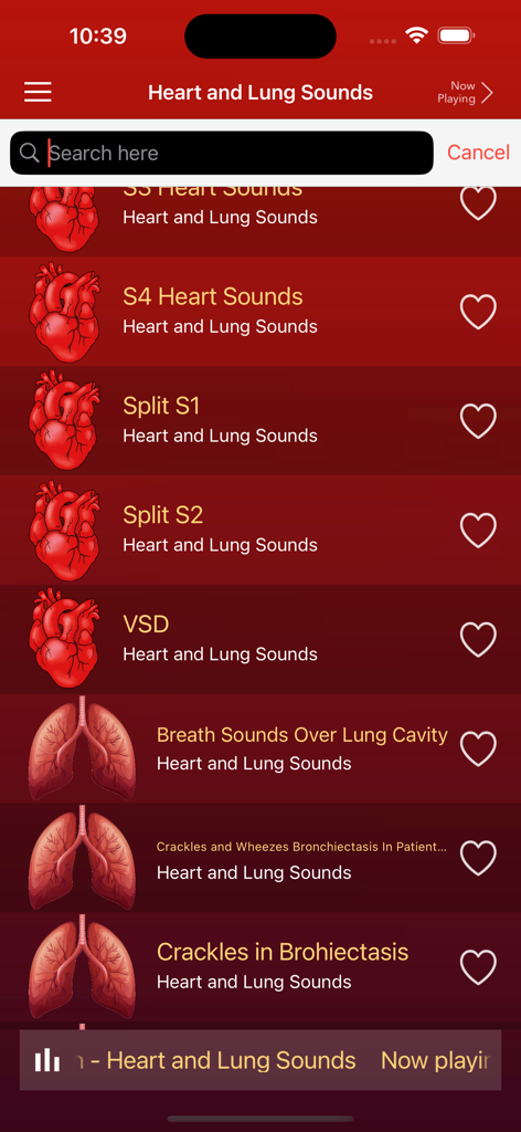 Interface d'application mobile affichant une liste consultable de sons cardiaques et pulmonaires cliniques pour la formation médicale.