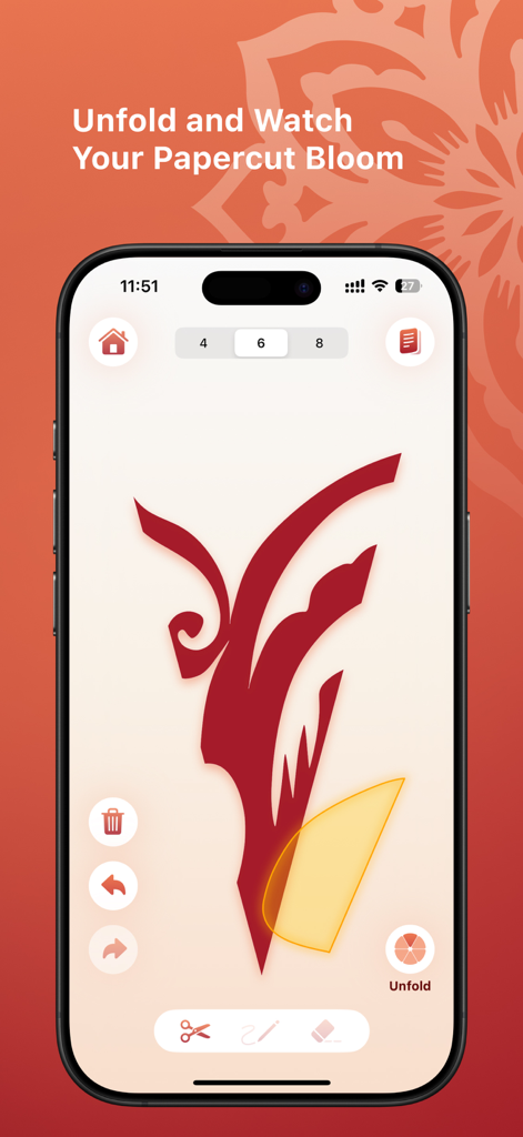 Paper Bloom - Smartphone screen showing the Paper Bloom app interface for creating and unfolding a digital papercut design