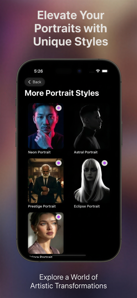 A mobile interface showing various artistic AI portrait filters in Toon App