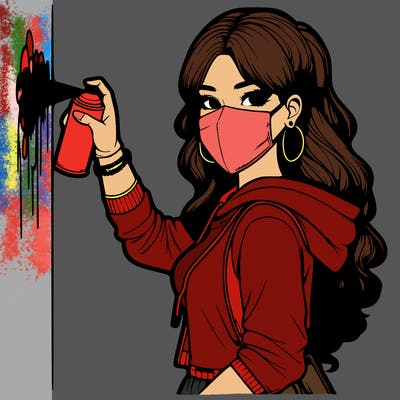 realistic girl with mask spray painting a wall