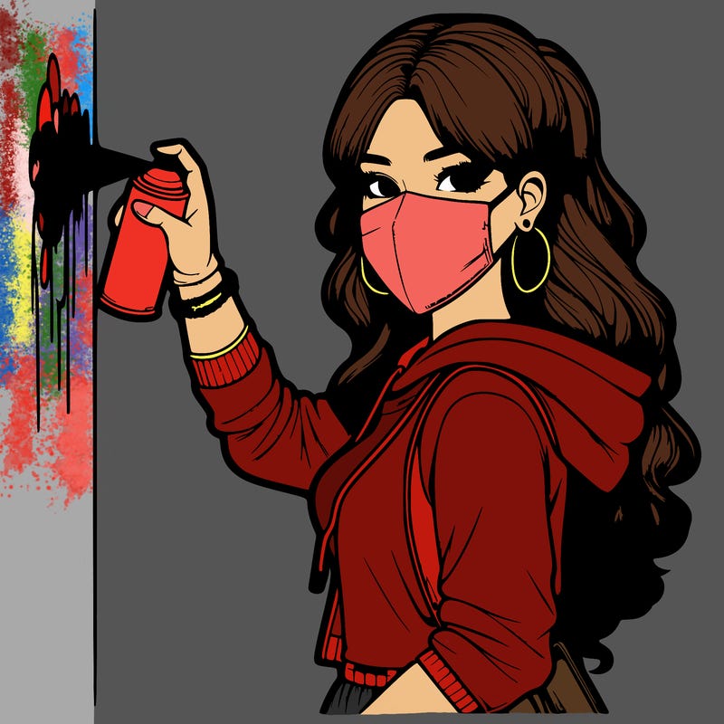 realistic girl with mask spray painting a wall