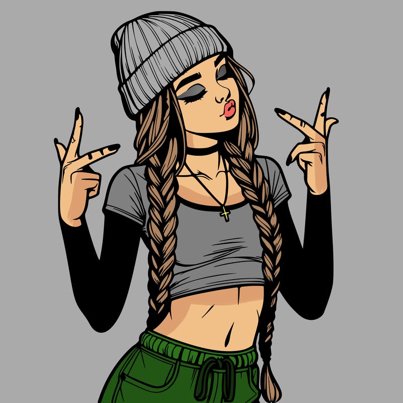 realistic teenage girl with braids and a beanie and crop top doing 🫶🏼