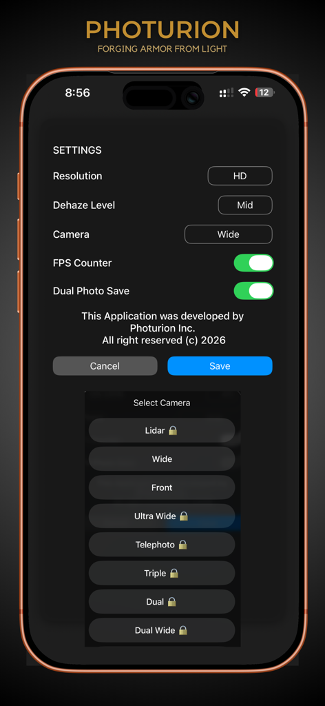 ClearView Basic - ClearView Basic app settings menu showing camera selection and dehaze level options.