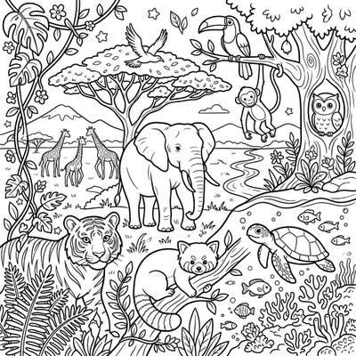 Embark on an incredible coloring safari with this diverse wildlife scene, featuring animals from jungles and savannas. Bring elephants, tigers, giraffes, and many more magnificent creatures to life with your favorite colors.