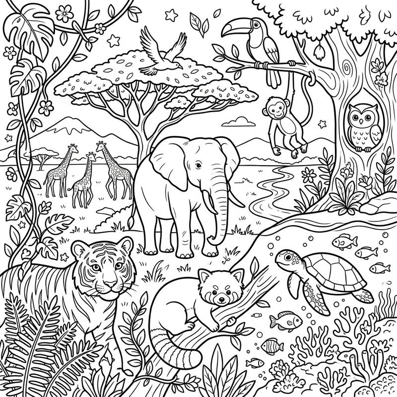 Embark on an incredible coloring safari with this diverse wildlife scene, featuring animals from jungles and savannas. Bring elephants, tigers, giraffes, and many more magnificent creatures to life with your favorite colors.
