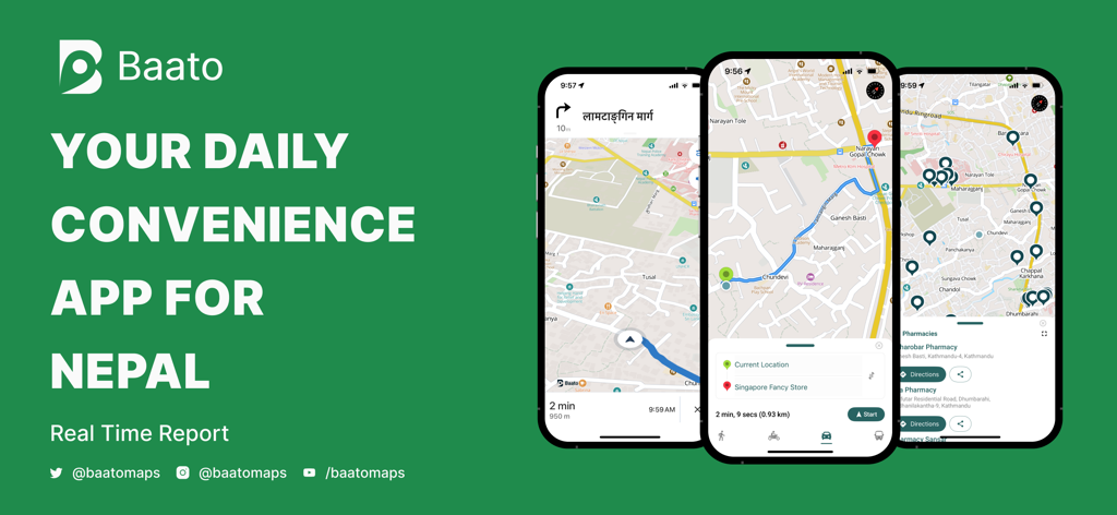 Baato Maps - Promotional banner for Baato Maps showing smartphone screens with map navigation and localized features for Nepal.