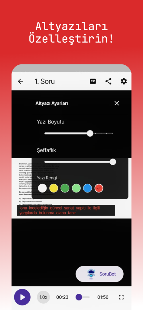 Limit Cepte - Subtitle customization settings for video solutions in the Limit Cepte educational app