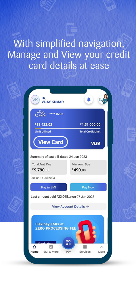 Un teléfono inteligente que muestra el panel de inicio de la aplicación SBI Card con detalles del límite de la tarjeta de crédito, resumen de facturas y botones de pago.