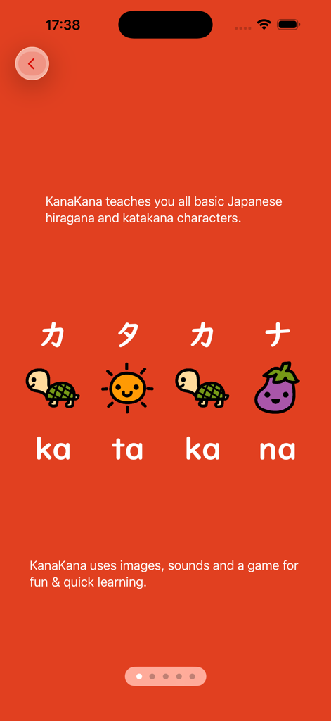Aplicación de aprendizaje del idioma japonés que muestra caracteres Katakana con lindas imágenes de mnemotecnia