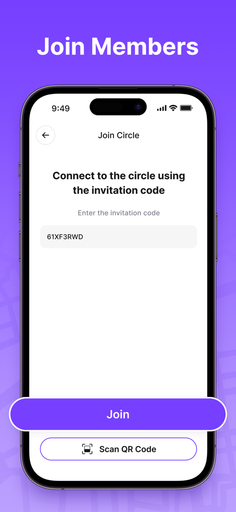 Findmykids - GPS Phone Tracker - The join circle screen of the Findmykids app showing an invitation code input field and a QR code scanner option.